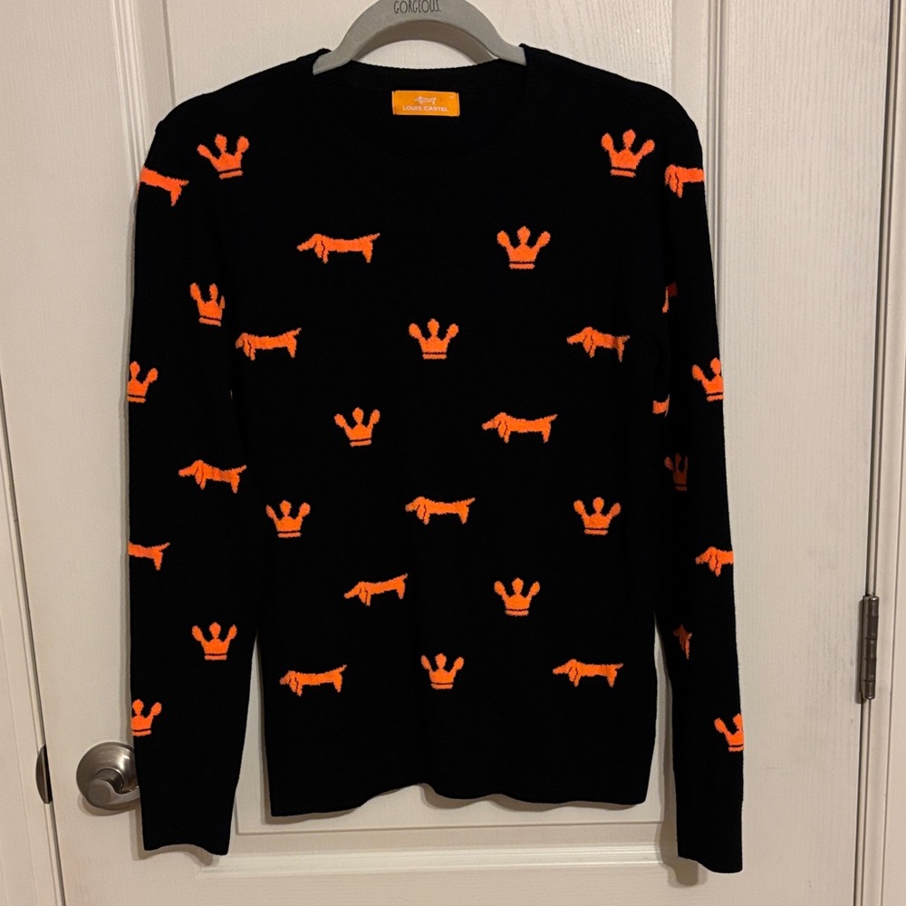 Louis Castel Stylish Black Sweater with Orange Crown and Dog Design